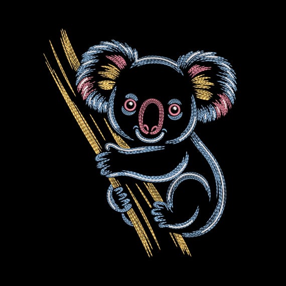 Neon Koala Cuddle Branch Embroidery Design, Cute Australian Animal Embroidery machine File – DST PES JEF, 9 Sizes