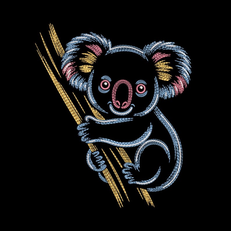 May include: A stylized illustration of a koala bear clinging to a branch, rendered with a stitched effect. The koala is black with blue, pink, and yellow accents. The branch is a golden yellow against a solid black background.