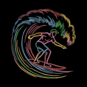 May include: A colorful illustration of a surfer riding a wave. The surfer is outlined in pink, with the wave and board in shades of blue, green, yellow, and pink against a black background. The surfer is wearing a green cap and shorts.