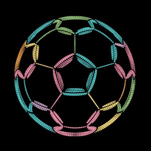 May include: A colorful soccer ball illustration against a black background. The ball's design features a pattern of interconnected pentagons and hexagons, rendered in shades of pink, blue, yellow, green, and orange. The artwork has a digital, graphic style.