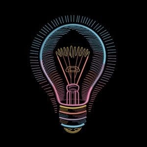 May include: A colorful embroidered design of a lightbulb on a black background. The lightbulb is outlined in blue, pink, and yellow thread, with the filament and base in shades of orange and yellow. The design suggests creativity and innovation.