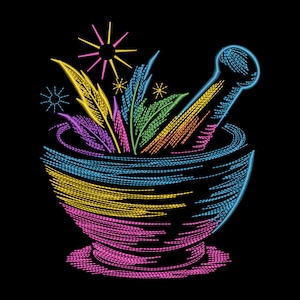 May include: An embroidered design of a mortar and pestle with colourful botanical elements. The mortar and pestle are outlined in blue, with the interior filled with yellow, pink, green, and purple leaves and starbursts against a black background.
