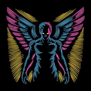 May include: A stylized illustration of a figure with wings, rendered in a neon color palette of pink, blue, and yellow against a black background. The figure has a humanoid form with a detailed, textured design.