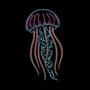 May include: A neon-style illustration of a jellyfish on a black background. The jellyfish is rendered in pink, blue, and yellow, with intricate line work. The bell of the jellyfish is pink, and its tentacles are a mix of pink, yellow, and blue.