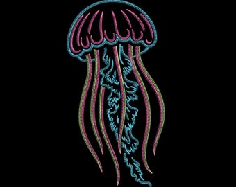 May include: A neon-style illustration of a jellyfish against a black background. The jellyfish features a pink, blue, and yellow color scheme, with detailed line work. The jellyfish's bell is pink, and its tentacles are a mix of pink, yellow, and blue.