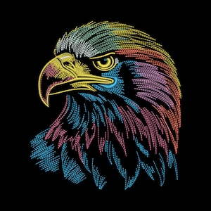 May include: A colorful embroidered eagle head against a black background. The eagle's beak and eye are yellow, with blue, pink, and green accents. The design is detailed and artistic, showcasing a vibrant color palette.