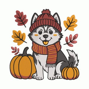May include: A cartoon illustration of a husky dog wearing a burgundy knit hat and scarf, surrounded by fall leaves and pumpkins. The dog has black and gray fur, a smiling face, and its tongue is sticking out.
