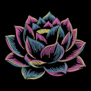 May include: An embroidered-style illustration of a lotus flower against a black backdrop. The petals are depicted in pink, blue, and yellow thread, creating a detailed and textured effect. This design would be suitable for various applications.