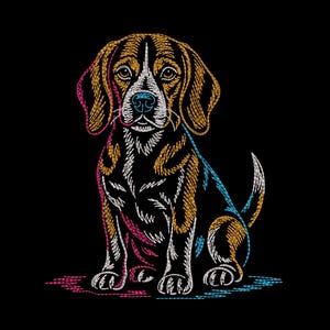 May include: A stylized embroidery-style illustration of a beagle dog sitting down, rendered in vibrant orange, white, and blue thread-like lines against a solid black background, featuring a detailed face, floppy ears, and a pointed tail.