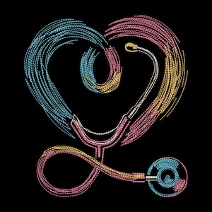 May include: A stethoscope design in pink, yellow, and blue, forming a heart shape on a black background. The stethoscope's earpieces and chest piece are visible, with the tubing creating an infinity symbol.