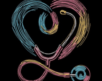 Neon Stethoscope Heart Embroidery Design, Colorful Medical Love Symbol Embroidery Pattern – PES JEF DST, 9 Sizes