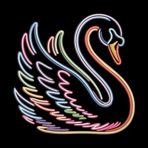 May include: A colorful swan design against a black background. The swan is outlined with neon-style lines in shades of blue, pink, green, orange, and yellow. The artwork has a modern, graphic style, suitable for apparel or home decor.