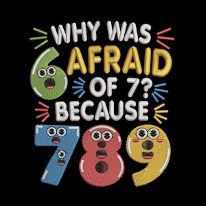 Könnte beinhalten: Schwarzer Hintergrund mit gesticktem Text und Zahlen. Der Text lautet "WHY WAS 6 AFRAID OF 7? BECAUSE 7 8 9". Die Zahlen 6, 7, 8 und 9 haben Cartoon-Gesichter und sind in Grün, Blau, Rot und Gelb.