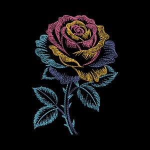 May include: An embroidered rose illustration on a black background. The rose features petals in shades of pink, yellow, and purple, with blue and green leaves and stem. The design has a textured, stitched appearance, creating a vibrant and detailed floral image.