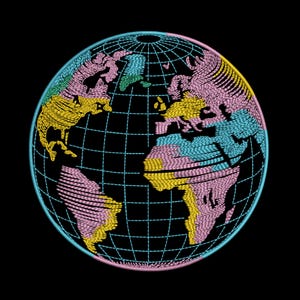 May include: Embroidered globe design featuring continents in yellow, pink, and teal, outlined in a light blue. The globe is set against a black background, with a grid pattern overlaying the continents.