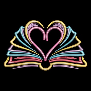 May include: An embroidered design of an open book with pages fanned out in a rainbow of colors. The pages form a heart shape in the center. The colors include pink, yellow, blue, and purple, set against a black background.