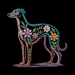May include: An embroidered design of a greyhound dog in profile against a black background. The dog features a black body filled with colorful floral patterns including pink, white, and yellow flowers, with bright blue, orange, and pink outlines.