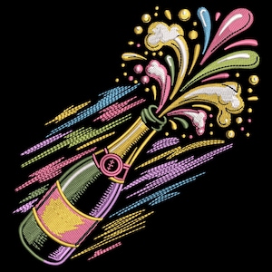 May include: An embroidered design of a champagne bottle with colorful splashes and diagonal lines on a black background. The bottle is green, gold, and pink, with a pink label and a gold foil neck. The splashes are pink, yellow, blue, and green.