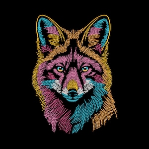 May include: A colorful illustration of a fox's head against a black background. The fox is depicted with intricate lines in shades of pink, yellow, blue, and orange, creating a textured, embroidered effect. The fox has blue eyes and a white muzzle.