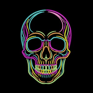 May include: A neon-colored skull design against a black background. The skull is outlined with vibrant lines of teal, yellow, orange, pink, and purple, creating a striking contrast. The design features detailed teeth and eye sockets.