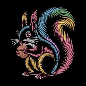 May include: A colorful embroidered squirrel design on a black background. The squirrel is holding an acorn and features a rainbow of colors, including pink, blue, yellow, and green. The design is detailed with white whiskers and claws.