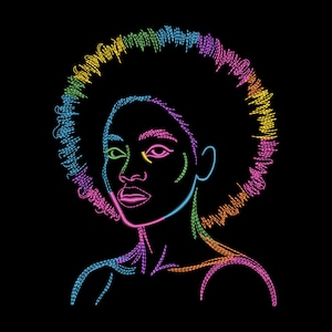 以下が含まれることがあります： 黒い背景に、虹色の色で描かれたアフロヘアの人物の鮮やかで様式化された肖像画。顔、髪、肩の輪郭は、カラフルなステッチラインで作成されています。