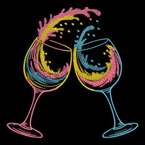 Puede incluir: Diseño bordado de dos copas de vino brindando, con salpicaduras coloridas en rosa, amarillo y azul. Las copas están delineadas en rosa y azul, sobre un fondo negro. Un tema festivo.