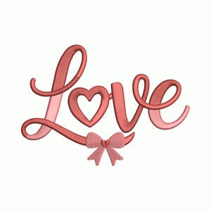 Può includere: Un design color corallo che scrive la parola "Love" in un carattere corsivo. La lettera "O" è sostituita da una forma di cuore. Un piccolo fiocco è posto sotto la parola.