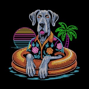 Può includere: Un disegno ricamato su sfondo nero raffigurante un cane grigio che indossa una camicia nera a fiori rosa e arancioni. Il cane riposa all'interno di un salvagente gonfiabile arancione accanto a una palma verde e a un sole a strisce.