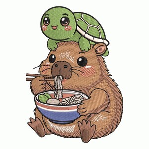 Pode incluir: Design bordado com uma capivara marrom comendo ramen de uma tigela azul e vermelha, com uma tartaruga verde na cabeça. A capivara segura pauzinhos. O design tem um estilo fofo e de desenho animado.