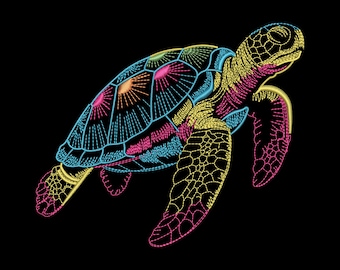 Neon Sea Turtle Embroidery Design – Ocean Wildlife Machine Embroidery File, Coastal Marine Pattern, DST PES & More, 9 Sizes