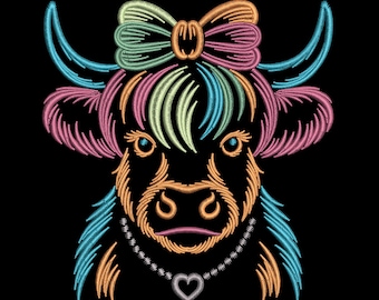 Highland Cow Bow Embroidery Design, Neon Farm Animal with Bow Machine Embroidery File, PES VP3 – 9 Sizes