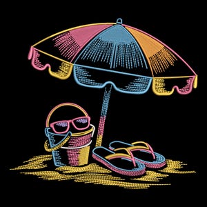 May include: A colorful beach scene embroidery design featuring a beach umbrella, bucket, sunglasses, and flip-flops. The umbrella is pink, blue, and yellow. The bucket and flip-flops are also in shades of pink, blue, and yellow. The design is set against a black background.