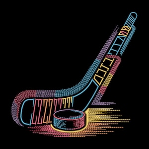 May include: A neon-style illustration of a hockey stick and puck on a black background. The stick is blue, pink, and yellow, with the word "CCM" on the blade. The puck is black and red, with yellow speed lines.