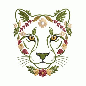 May include: An embroidered design of a cheetah's face, outlined in green with floral accents. The cheetah's eyes are yellow, and the flowers are in shades of red, yellow, and cream. The design is on a white background.