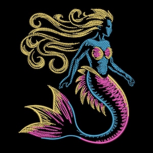 May include: An embroidered design of a mermaid on a black background. The mermaid has flowing yellow hair, a blue body, and a pink and yellow tail. The design is created with detailed stitching, giving it a textured appearance.
