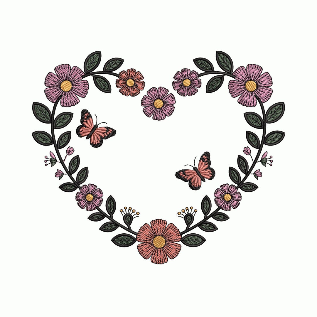 Butterfly Floral Heart Embroidery Design – Romantic Nature Wreath ...