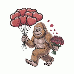 May include: An embroidered design of a friendly Bigfoot carrying a bouquet of red roses and a bundle of red heart-shaped balloons. The Bigfoot is brown with a smiling face, walking on a white background. Red rose petals are scattered around.