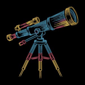 Puede incluir: Ilustración colorida de un telescopio sobre un trípode contra un fondo negro. El telescopio es principalmente azul, con acentos de amarillo y rosa. Las patas del trípode también son en tonos de azul, rosa y amarillo.