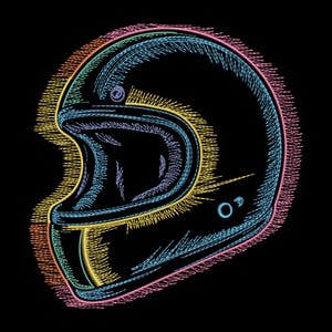 Puede incluir: Ilustración de un casco de moto negro con detalles bordados coloridos. El casco está delineado en un arcoíris de colores, incluyendo rosa, amarillo, azul y verde, sobre un fondo negro. El diseño presenta un estilo de casco integral clásico.