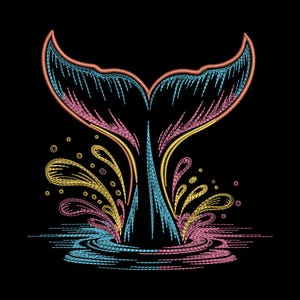 May include: A colorful embroidered design of a whale's tail and water splashes on a black background. The tail is outlined in coral, with blue and pink details. Water splashes are yellow, pink, and blue.