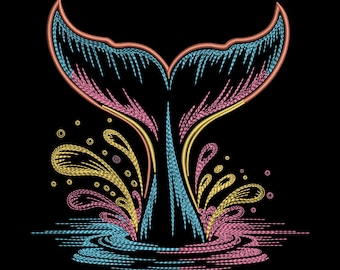 Diseño de bordado de cola de sirena, patrón de bordado de fantasía oceánica con salpicaduras de neón – DST PES JEF, 9 tamaños