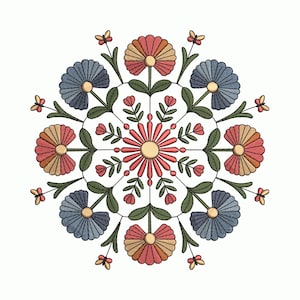 Pode incluir: Um design de bordado floral circular com uma flor rosa central, rodeada por flores azuis e laranja. Folhas verdes e pequenas flores vermelhas preenchem os espaços. Pequenas borboletas amarelas estão espalhadas pelo design, tudo em um fundo branco.