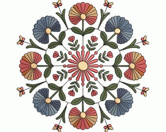 Folk Art Floral Mandala Embroidery Design, Decorative Boho Pattern, Machine File PES, EXP, 9 Sizes Included