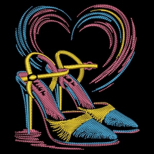 May include: Embroidered design of high-heeled shoes with a heart shape on a black background. The shoes are in shades of blue, pink, and yellow, with a matching heart design above them. The design is detailed and colorful.