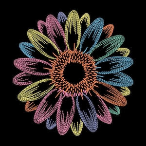 May include: An embroidered flower design on a black backdrop. The flower has petals in pink, yellow, blue, and green, encircling an orange centre. The design has a textured, stitched appearance, reminiscent of needlework.