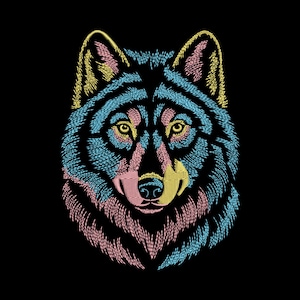 May include: Embroidered wolf head design with a black background. The wolf's fur is rendered in shades of blue, yellow, and pink. The eyes and nose are detailed with yellow and pink thread, creating a striking contrast against the dark background.