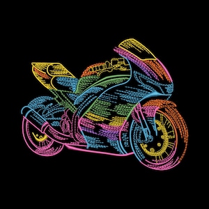May include: A colorful motorcycle illustration against a black background. The motorcycle is depicted with a rainbow of colors, including yellow, orange, pink, blue, and green. The design features a detailed outline of the bike's components.