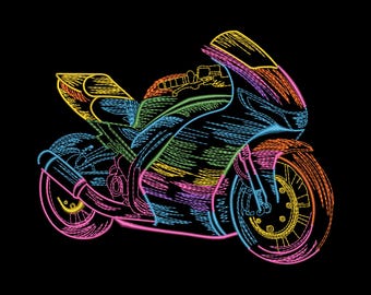 Colorful Neon Motorcycle Embroidery Design, Retro Biker Ride Machine Embroidery File, Neon Motorbike Pattern, DST PES & More, 9 Sizes