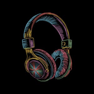 Op de afbeelding: Een kleurrijk, geborduurd ontwerp van over-ear hoofdtelefoons op een zwarte achtergrond. De hoofdtelefoon heeft een levendige reeks kleuren, waaronder geel, roze, blauw en paars, wat een opvallend visueel effect creëert.